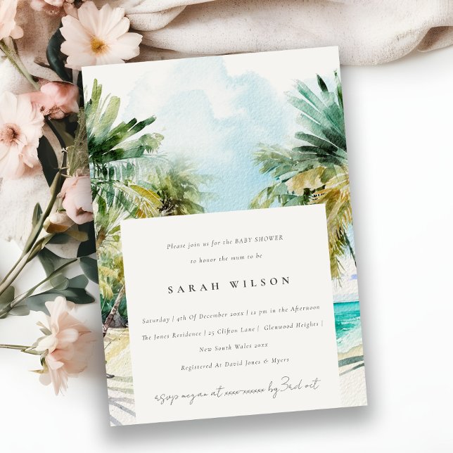 Tropical Beach Watercolor Palm Tree Baby Shower Invitation (Creator Uploaded)
