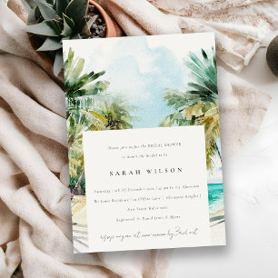 Tropical Beach Watercolor Palm Tree Bridal Shower Invitation