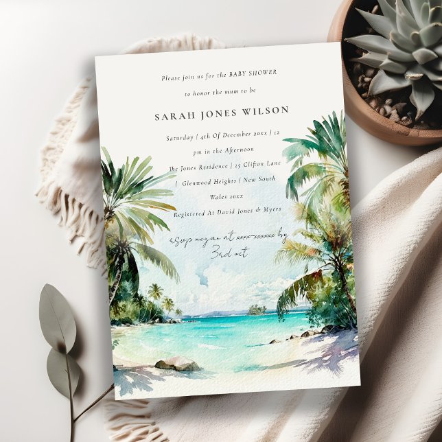 Tropical Beach Watercolor Palm Trees Baby Shower Invitation (Creator Uploaded)