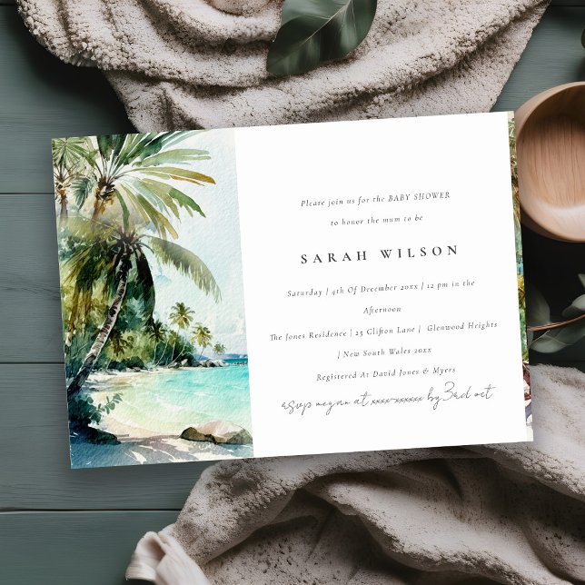 Tropical Beach Watercolor Palm Trees Baby Shower Invitation (Creator Uploaded)