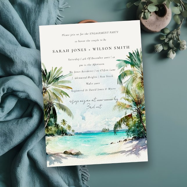 Tropical Beach Watercolor Palm Trees Engagement Invitation (Creator Uploaded)