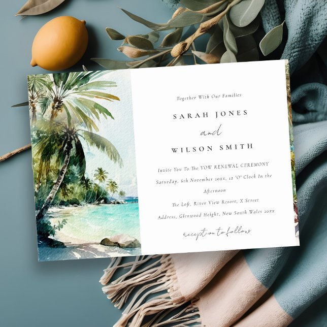 Tropical Beach Watercolor Palm Trees Vow Renewal Invitation (Creator Uploaded)