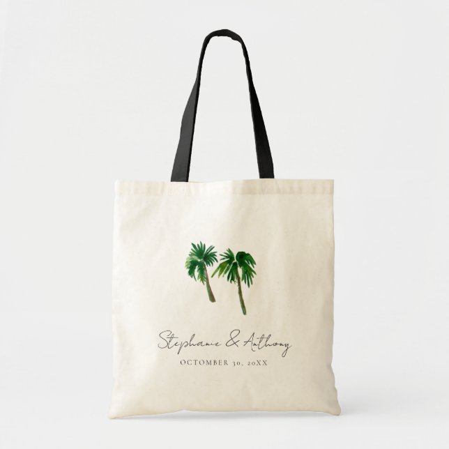 Tropical Beach Watercolor Palm Trees Wedding Favou Tote Bag (Front)