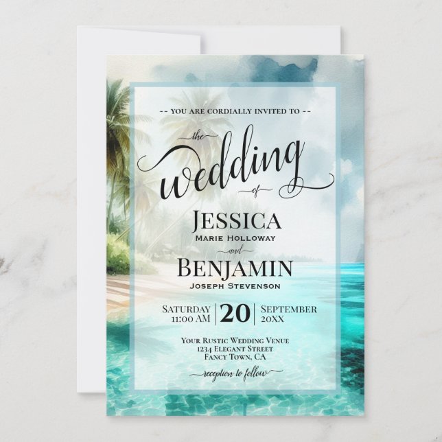 Tropical Beach Watercolor Stylish Script Wedding Invitation (Front)