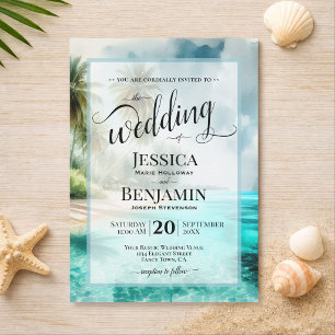 Tropical Beach Watercolor Stylish Script Wedding Invitation