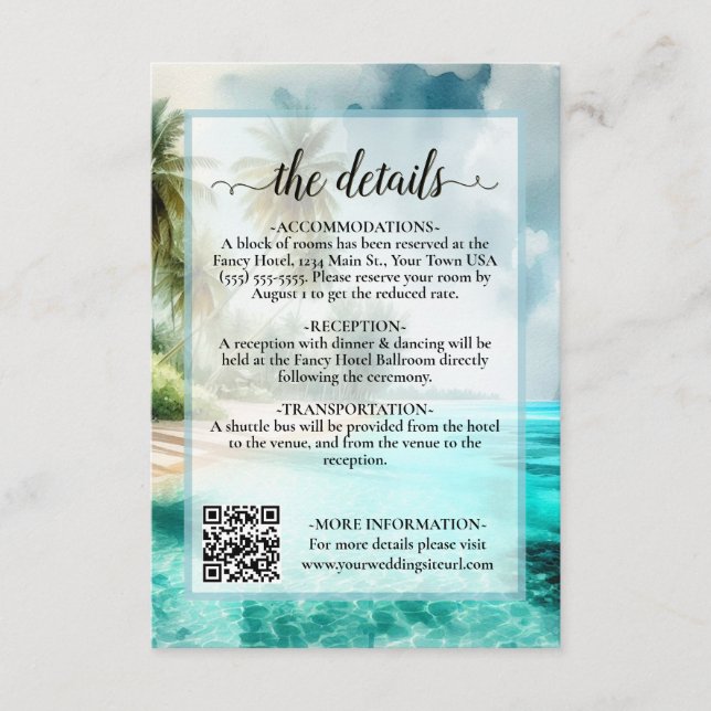 Tropical Beach Watercolor Wedding Details QR Code Enclosure Card (Front)