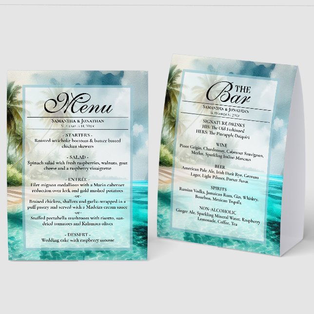 Tropical Beach Watercolor Wedding Menu & Bar (Front/Back)