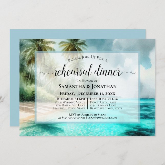 Tropical Beach Watercolor Wedding Rehearsal Dinner Invitation (Front/Back)