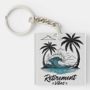 Tropical Beach Wave & Palm Tree Key Ring