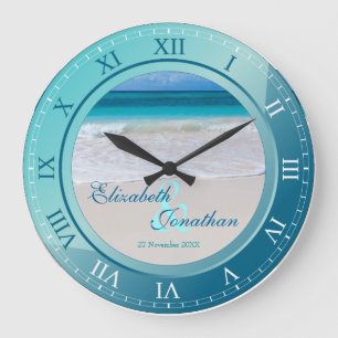 Tropical Beach Wedding Anniversary Turquoise Blue Large Clock