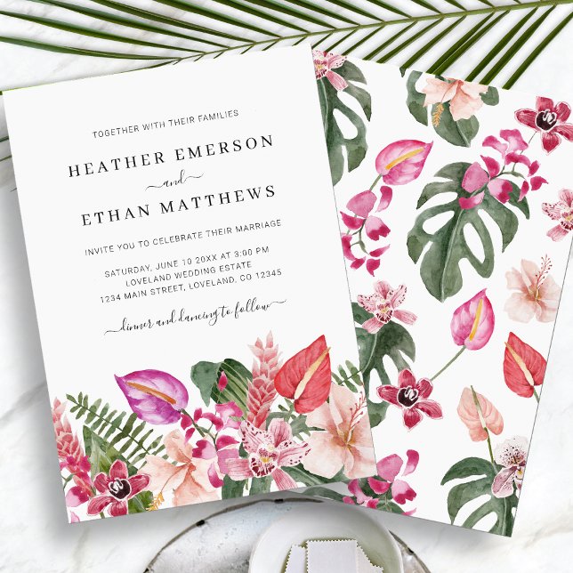 Tropical Beach Wedding Invitation (Tropical Floral Beach Wedding Invitation by Painted Paperie
)