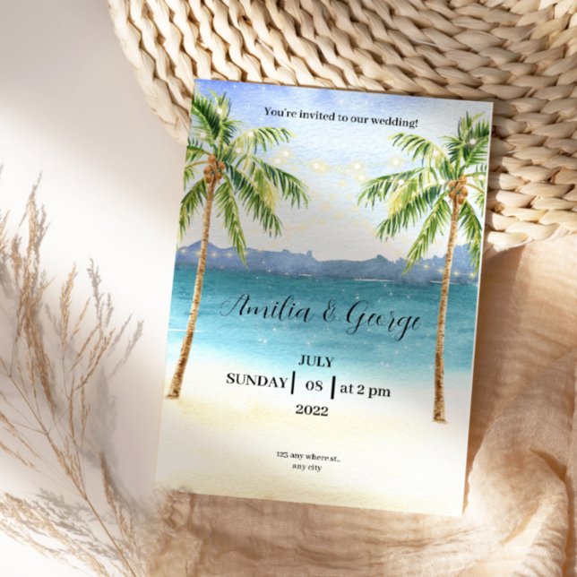 Tropical Beach wedding  Invitation with palm trees (Creator Uploaded)