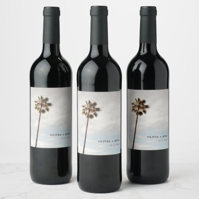 Tropical Beach Wedding Minimalist Palm Tree Wine Label (Bottles)