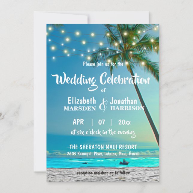 Tropical Beach Wedding Palms String Lights Modern Invitation (Front)