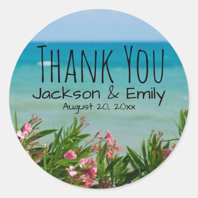 Tropical Beach Wedding Personalised Thank You Classic Round Sticker (Front)