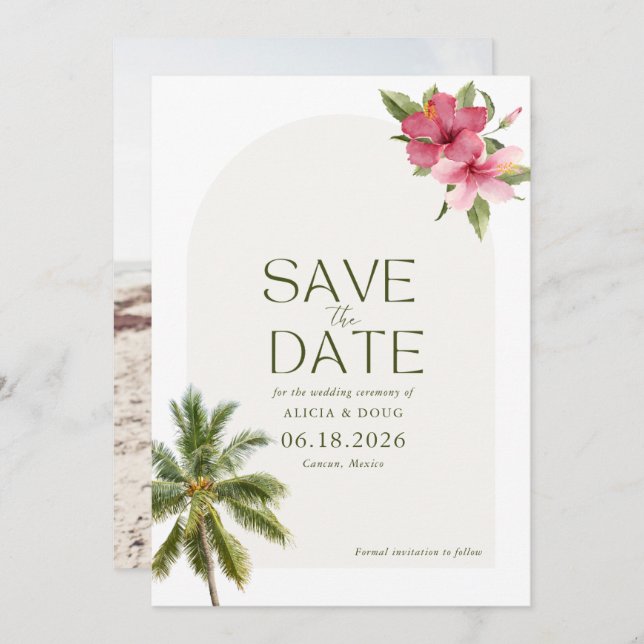 Tropical Beach Wedding Photo Save The Date (Front/Back)