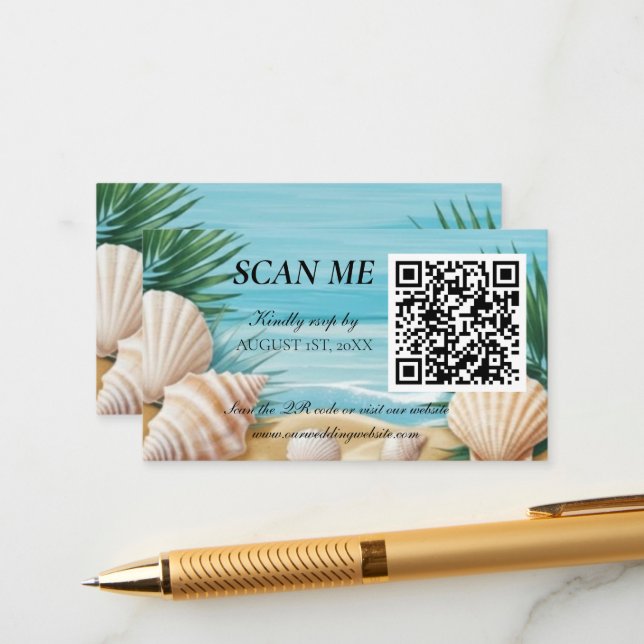 Tropical Beach Wedding RSVP QR Code Enclosure Card (Front/Back In Situ)