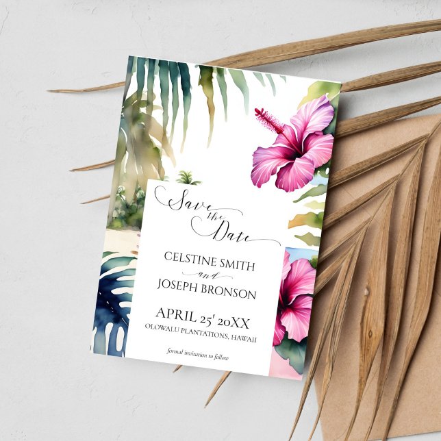 Tropical beach wedding save the date (Tropical beach wedding save the date card template digital download watercolor palms pink hibiscus)