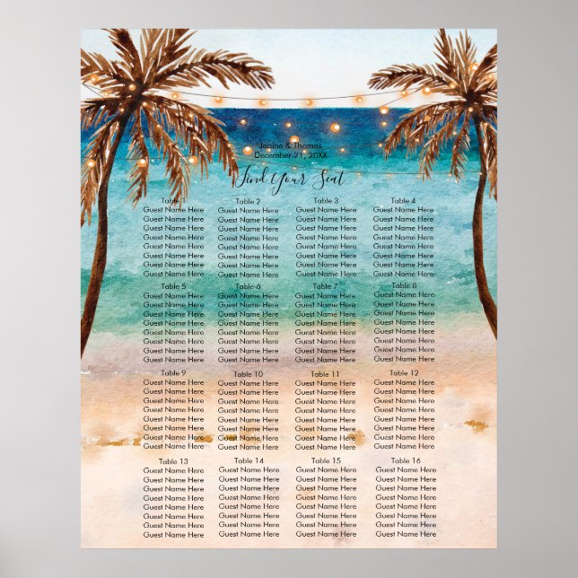 tropical beach wedding seating chart sign (Front)