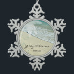 Tropical Beach Wedding Snowflake Pewter Christmas Ornament<br><div class="desc">Commemorate your island destination or seashore marriage with the pretty Tropical Beach Wedding Snowflake Ornament. This custom tropics marriage ornament features a scenic nature photograph of a turquoise or aqua blue ocean on the white sand shore with a palm tree and teal swirl design adorning the corner.</div>