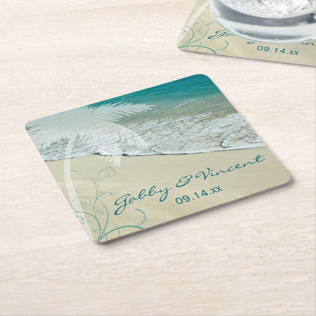 Tropical Beach Wedding Square Paper Coaster (Angled)