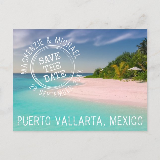 Tropical Beach Wedding Stamp Logo Save the Date Announcement Postcard (Front)