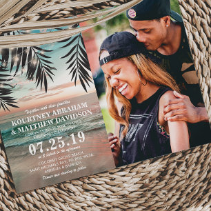 Tropical Beach Wedding   String of Lights Photo Invitation