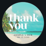 Tropical Beach Wedding Thank You Favour Stickers<br><div class="desc">Beautiful palm tree-lined beach design thank you favour stickers for your wedding. Customise with your names and wedding date and use for your wedding favours or as an envelope seal sticker for thank you cards.</div>