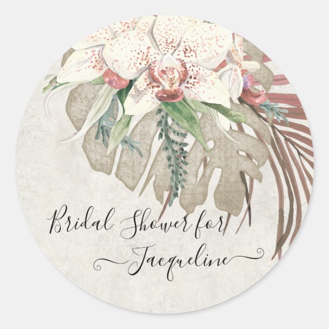Tropical Beach White Pink Orchid Floral Foliage Classic Round Sticker (Front)