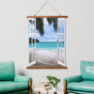 Tropical Beach Window Ocean View Wall Tapestry 