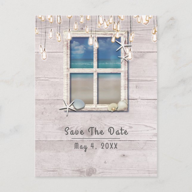 Tropical Beach Window White Wood Save the Date Announcement Postcard (Front)