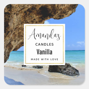 Tropical Beach with a Big Rock Candle Business Square Sticker