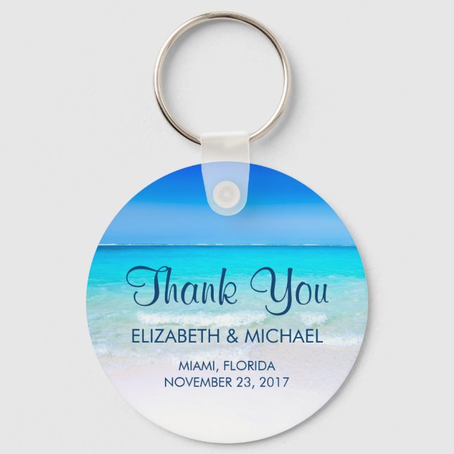 Tropical Beach with a Turquoise Sea Wedding Thanks Key Ring (Front)