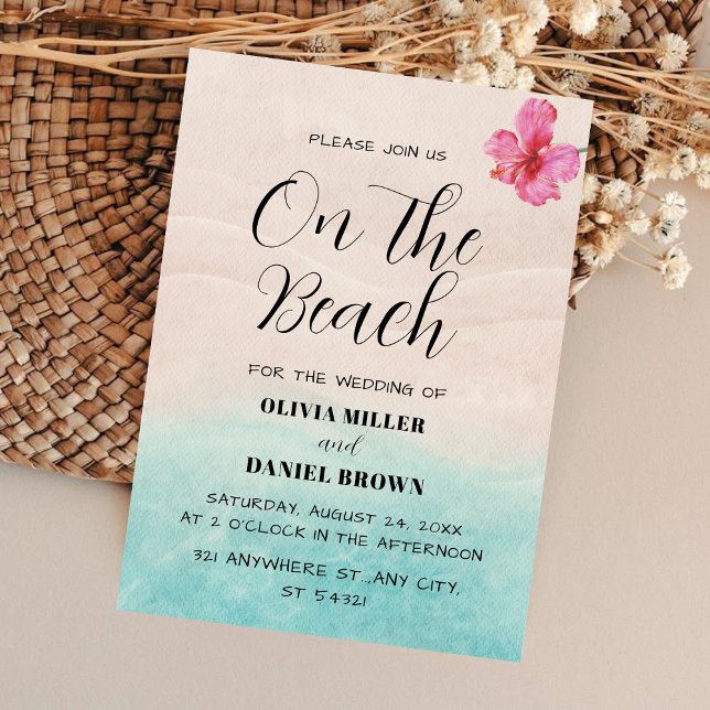 Tropical Beach with Hibiscus Flower Wedding Invitation (Creator Uploaded)