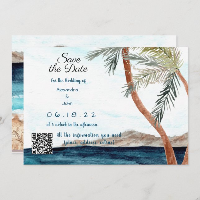 Tropical Beach with Lights Save the Date Invitation (Front/Back)