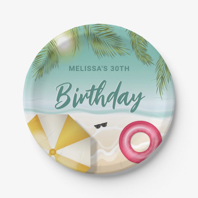 Tropical Beach With Palm Leaves Summer Birthday Paper Plate (Front)