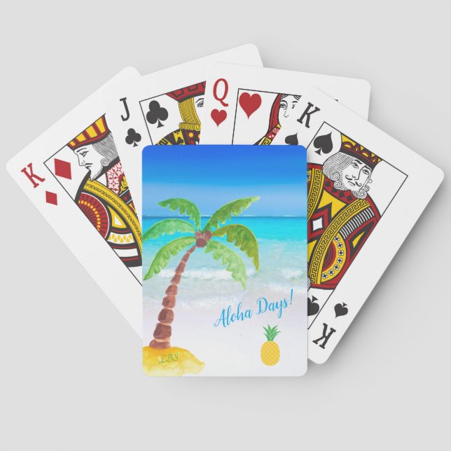 Tropical Beach with Palm Tree Aloha Playing Cards (Back)