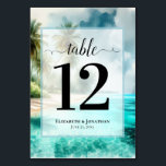 Tropical Beach with Palm Trees Elegant Wedding Table Number<br><div class="desc">Make it easy for your guests to find their tables with these lovely table number cards. The elegant coastal or island themed design features fancy script calligraphy on a watercolor background of a tropical beach with palm trees and turquoise waters. The names of the couple and wedding date appear at...</div>