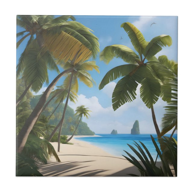Tropical beach with palms ceramic tile (Front)