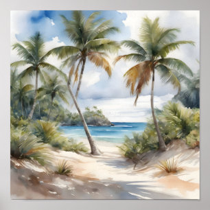 Tropical beach with palms poster