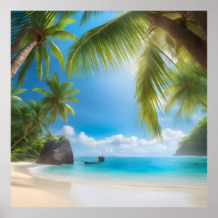 Tropical beach with palms poster