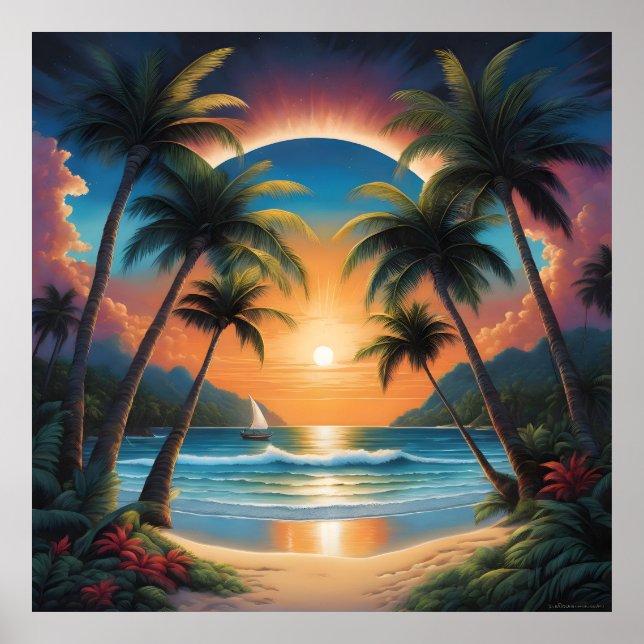 Tropical beach with palms poster (Front)