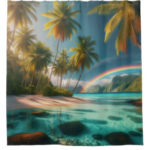 Tropical Beach With Rainbow And Palm Trees Shower Curtain