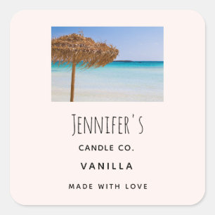 Tropical Beach with Straw Umbrella Candle Business Square Sticker
