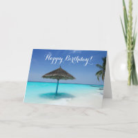 Tropical Beach with Thatched Umbrella Birthday
