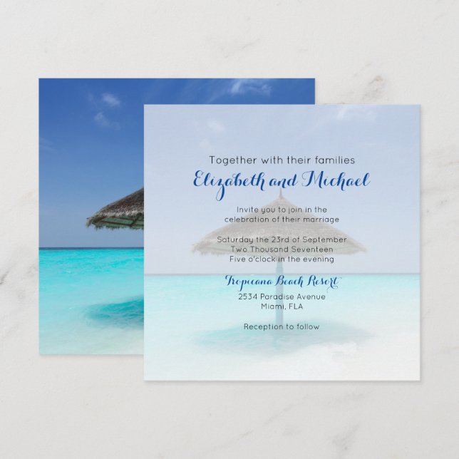 Tropical Beach with Thatched Umbrella Wedding Invitation (Front/Back)