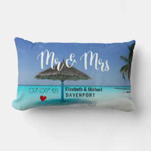 Tropical Beach with Thatched Umbrella Wedding Lumbar Cushion