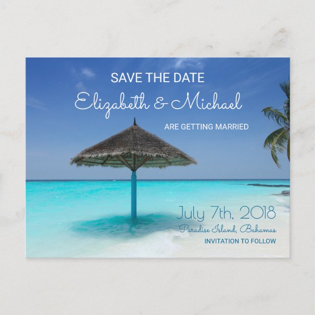 Tropical Beach with Thatched Umbrella Wedding STD Announcement Postcard (Front)