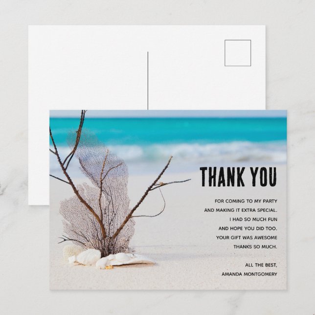 Tropical Beach with White Seashells Thank You Postcard (Front/Back)