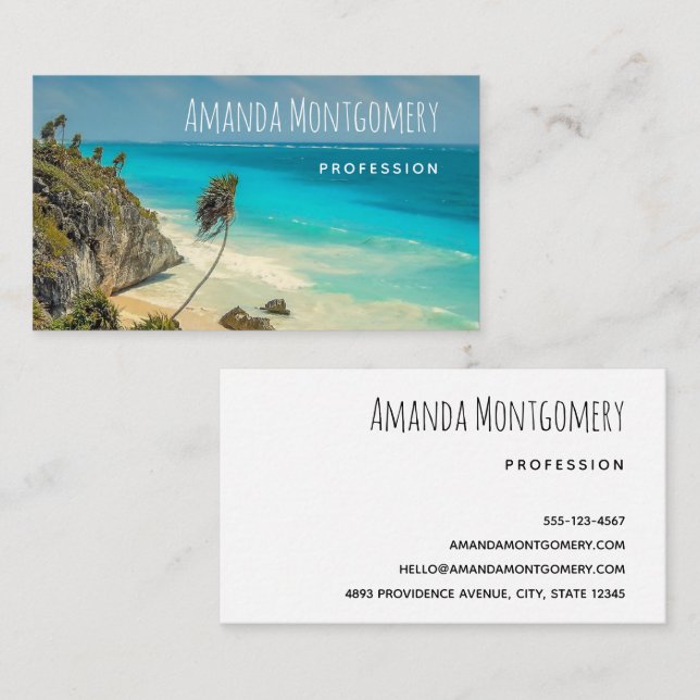 Tropical Beach with Wind Swept Palm Trees Business Card (Front/Back)